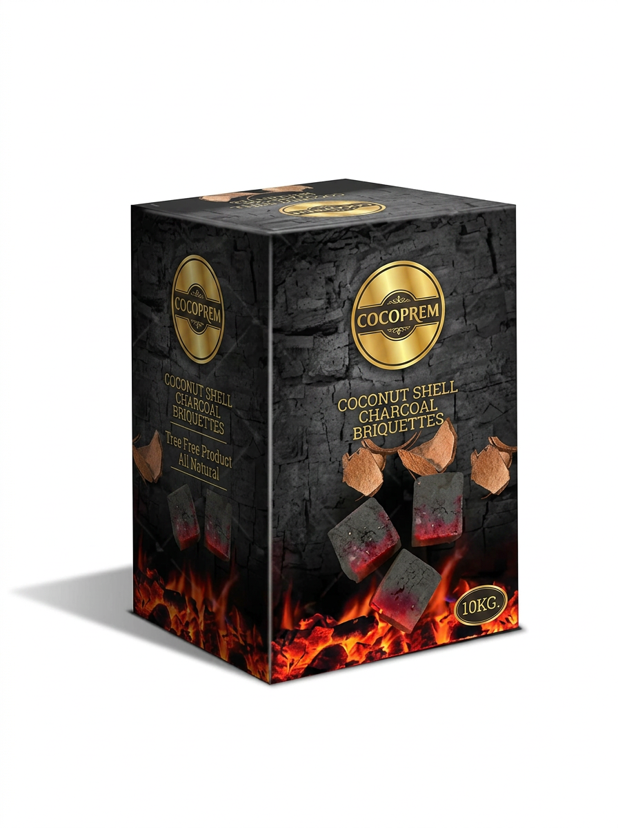 COCOPREM coconut shell charcoal briquette carton, 10 kg pack